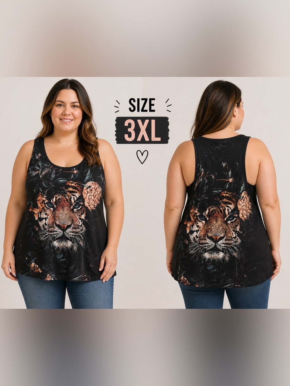 Black Tiger Print Women's Tank Top 3Xl